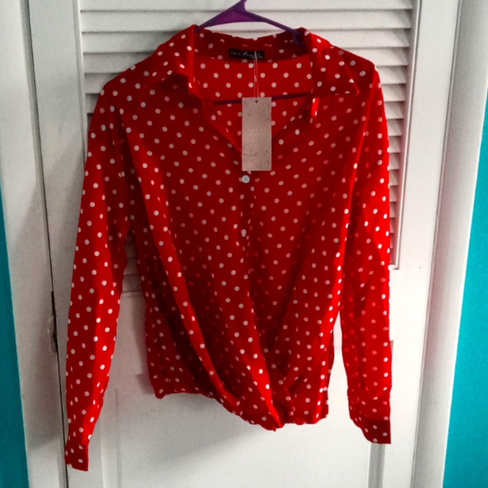 Emery Rose Red Polka Dot Twist Blouse - Small